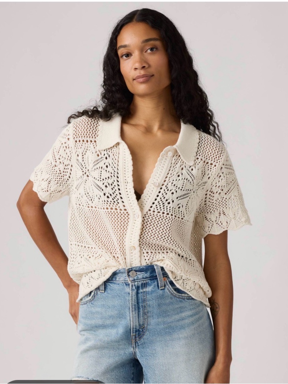 Levi's Cream Crochet Button-Down Polo Shirt